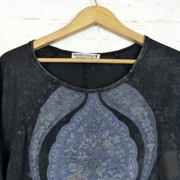 Project Social T Shirt Women S Relaxed Black Paisley Long Sleeve USA Boho Rock - Picture 4 of 11